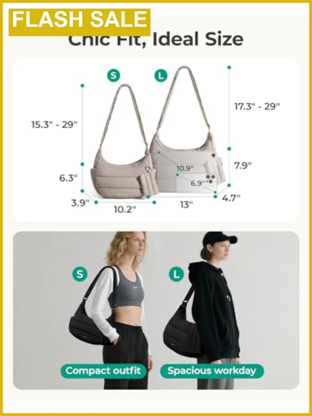 Quilted Puffer Crossbody Bag with Adjustable Strap - Hobo Shoulder Purse